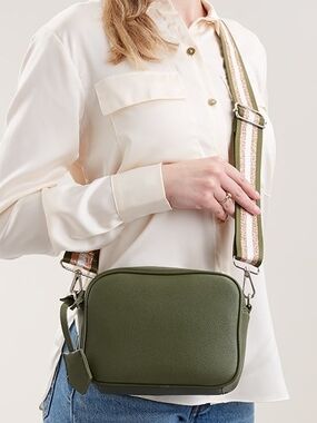 Olive Green Pebbled Crossbody Camera Bag with Striped Webbing Strap